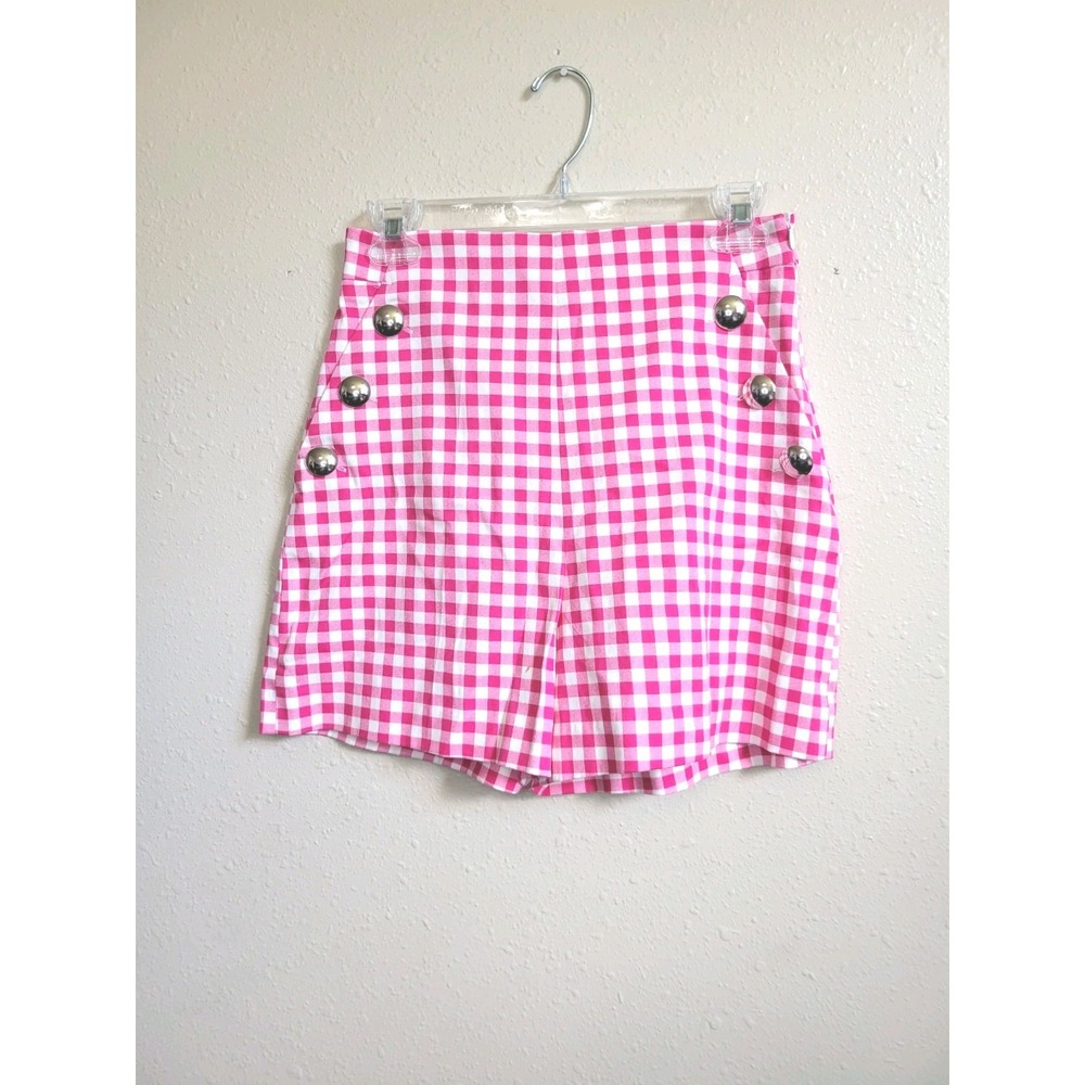 Zara Pink/White Check Gingham Sailor Cotton Shorts Pockets Zip Closure Sz S